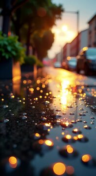 city street night raindrops ground illuminated lights vehicles driving road left side imag