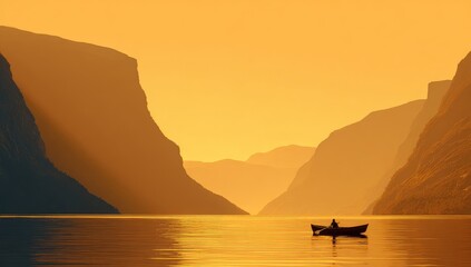 Golden fjord with solitary boat