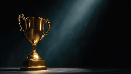 Golden trophy in spotlight on dark background