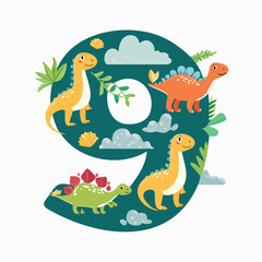 Obraz premium 9 with the dinosaur theme vector illustration in a playful cartoon style.