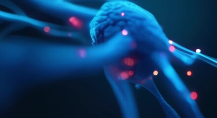 close blue neuron red dots dark background neurons animated giving image dynamic feel