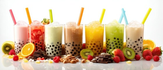 The vibrant display of refreshing bubble tea beverages with colorful fruit garnishes.
