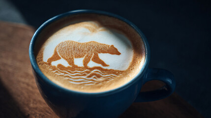 Creative Coffee Design: Bear Silhouette on Foamy Latte, ideal for themes of craftsmanship, coffee culture, or even global warming discussions.


