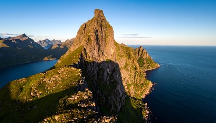Spectacular aerial view of majestic mountain peak in Lofoten Islands Norway