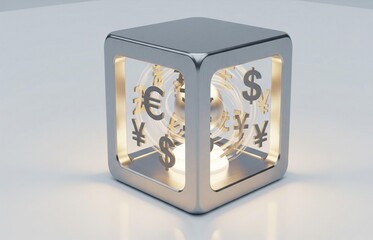 Financial technology cube featuring dollar, euro, yen symbols representing global economy and digital currency