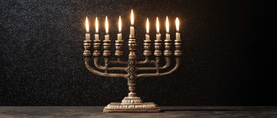 The beautifully lit menorah with nine candles against a dark, sparkling background.