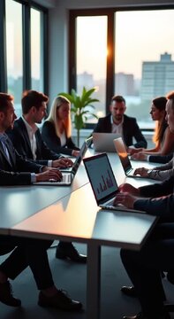 group people sitting around conference table laptops surrounded houseplant glass wall background gla