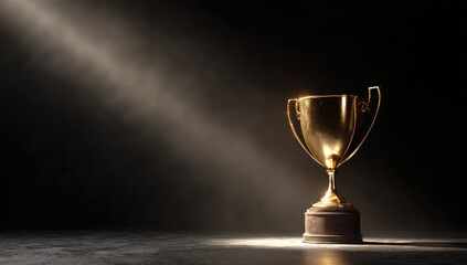 Golden trophy illuminated by spotlight on dark background (4)