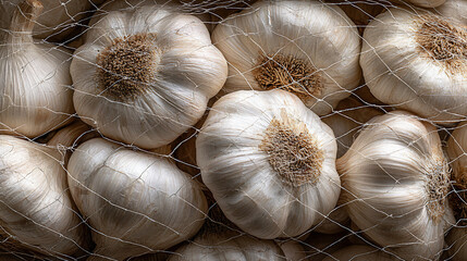 Fresh White Garlic Bulbs in a Mesh Net. The dense arrangement highlights the organic beauty and culinary importance of this ingredient, perfect for food blogs, healthy eating, or agricultural themes

