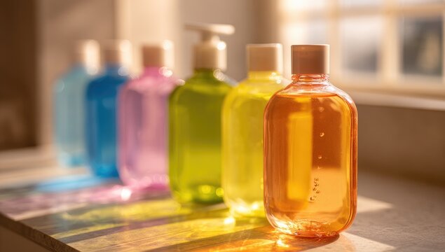 Colorful plastic bottles of liquid soap or hand sanitizer, various colors,  in sunlight