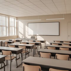 Classroom Study Clean, Modern School Interior with Desks and Whiteboard for Education