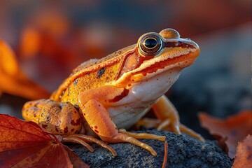 Autumn amphibian migration featured with frog resting on rock, surrounded by autumn nature leaves. Concept of autumn amphibian migration highlights seasonal changes in habitat.