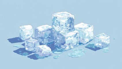 Obraz premium Ice cubes stacked and scattered, with melted water droplets, on a light blue background
