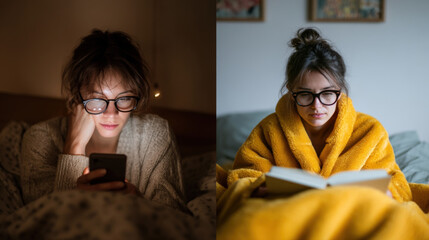 Stressed Adult Checking Phone in Bed vs Later Reading a Book