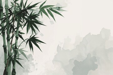 Serene ink wash bamboo and sasa leaves with soft grey-blue background
