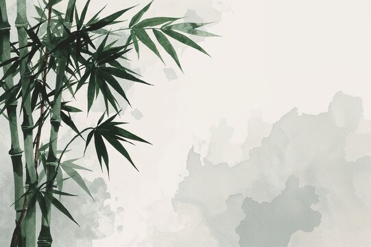 Serene ink wash bamboo and sasa leaves with soft grey-blue background