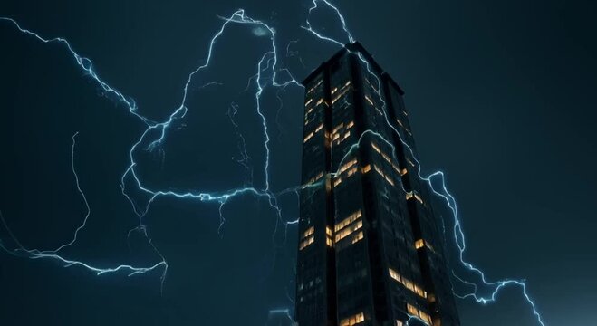 tall skyscraper illuminated lights surrounding area backdrop dark clouds bright lightning bolt striking fr