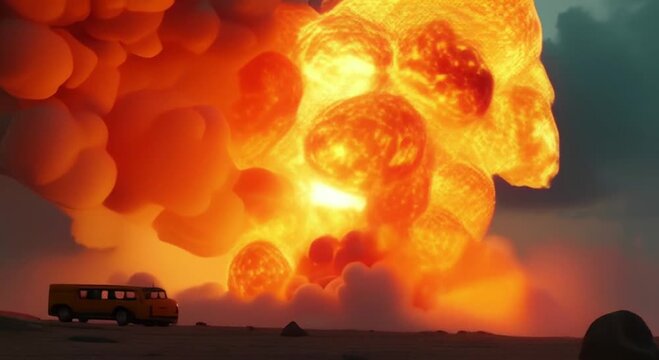 animated scene fiery explosion middle desert vehicle ground surrounded stones sky filled clou