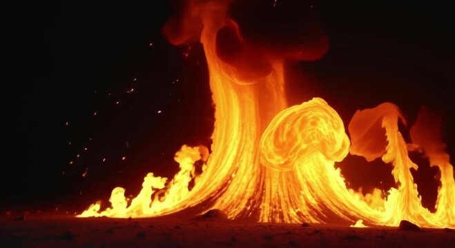 animated volcano erupting lava middle desert dark background lava bright orange yellow color groun