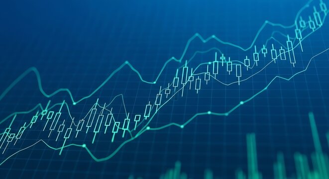 Rising Stock Market Chart Analysis: Financial Growth and Investment Strategy in Blue, Candlestick Patterns, Upward Trend, Economic Indicators, Futuristic Technology Illustration