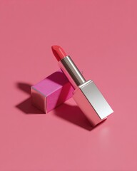 Coral lipstick, pink box, studio shot