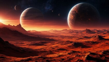 A stunning 3D, 4K depiction of a distant landscape on an alien planet. Massive planets loom in a vibrant sunset, casting an otherworldly glow over red rocky terrain and distant peaks.