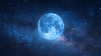 Blue full moon glowing against starry Milky Way galaxy background cosmic night sky serene and dreamy celestial scene