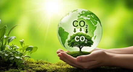 Green Earth Globe: CO2 Absorption by Tree in Hand, Sustainable Environment, Eco-Friendly Ecosystem, and Bright Sunlight Concept Illustration