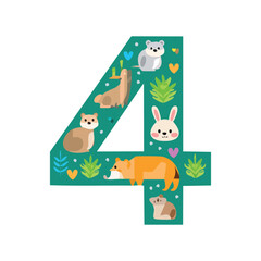 Obraz premium 4 with the Animals theme vector illustration in a playful cartoon style.