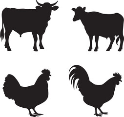 Fototapeta premium Silhouettes of a bull cow and two roosters on a white background
