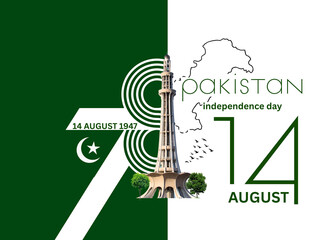 Celebrating 78th Happy Pakistan Day, Independence Day 14 August 1947. Azadi Mubarak banner, poster, card, template, background with Pakistan map, flag, monuments, and Landmarks Minar e Pakistan.