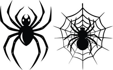  Set of Halloween spider silhouette. Black and white spider hanging vector editable file. Spider, Spider Web, Skeleton, Haunted House, Owl, Candle, Mask, Chains, Graveyard, Raven