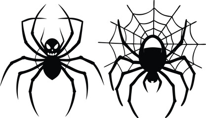  Set of Halloween spider silhouette. Black and white spider hanging vector editable file. Spider, Spider Web, Skeleton, Haunted House, Owl, Candle, Mask, Chains, Graveyard, Raven