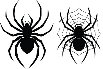 Set of Halloween spider silhouette. Black and white spider hanging vector editable file. Spider, Spider Web, Skeleton, Haunted House, Owl, Candle, Mask, Chains, Graveyard, Raven