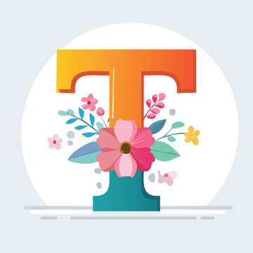 letter T with the Flower theme vector illustration in a playful cartoon style.