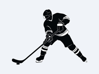 Silhouettes of hockey players competing against a white background