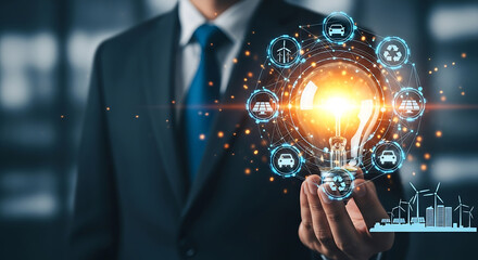 Sustainable Energy Innovation: Businessman Holding Lightbulb with Green Technology Icons for Eco Future and Clean Energy Solutions Illustration