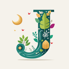 Naklejka premium letter J with the Nature theme vector illustration in a playful cartoon style.
