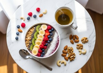 A smoothie bowl with fruit and nuts on a marble table next to a cup of tea and a spoon nearby
