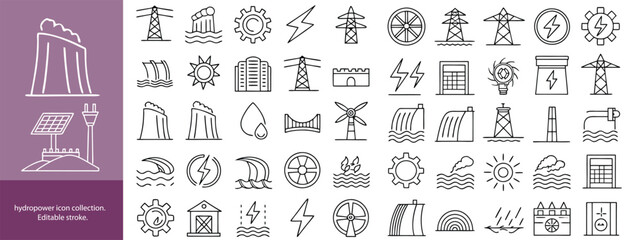 Set of  outline icons to hydro power. hydro power Linear icon collection. Editable stroke. Vector illustration