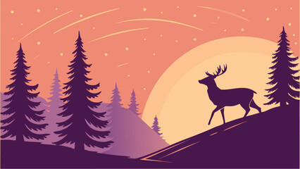 Lonely Deer Silhouette Against a Vibrant Sunset Sky in the Quiet Wilderness