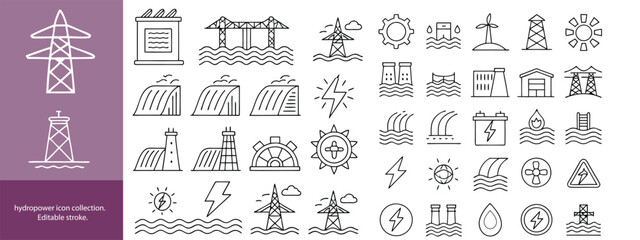 Set of  outline icons to hydro power. hydro power Linear icon collection. Editable stroke. Vector illustration