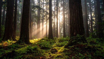 Naklejka premium Golden sunbeams pierce the canopy of a serene, ancient forest, illuminating the lush, moss-covered ground.