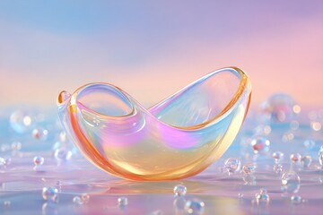 Abstract iridescent glass bowl on a pastel background with bubbles