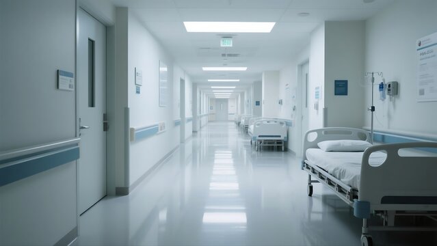 Empty hospital corridor with bright overhead lights
