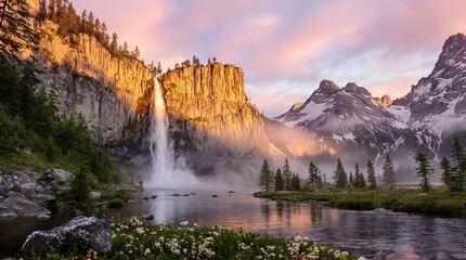 Stunning waterfall in mountains reflecting golden sunset light