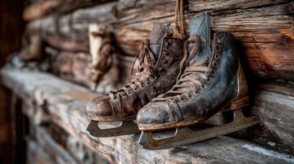 Naklejka premium Pair of Old Worn Shoes Resting on a Ledge Evoking Nostalgia and Stories of Past Journeys and Travels