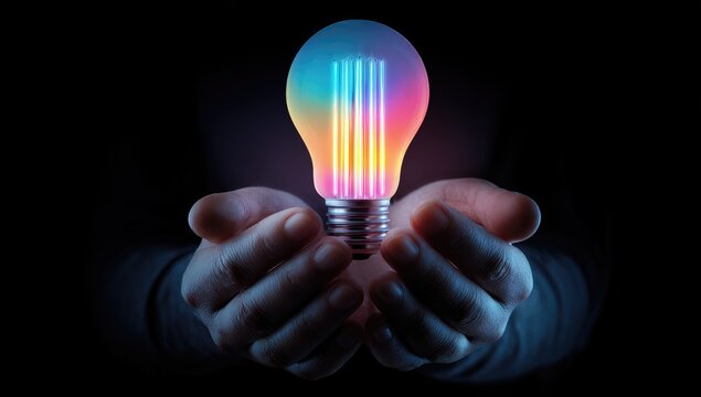 Hands hold glowing rainbow lightbulb