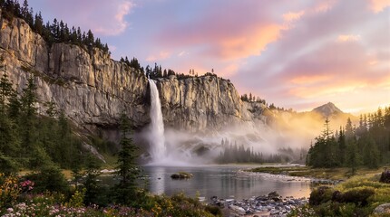 Stunning waterfall cascading into lake with golden sunset sky
