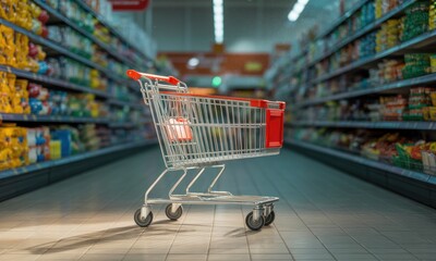 Empty shopping cart in a supermarket aisle